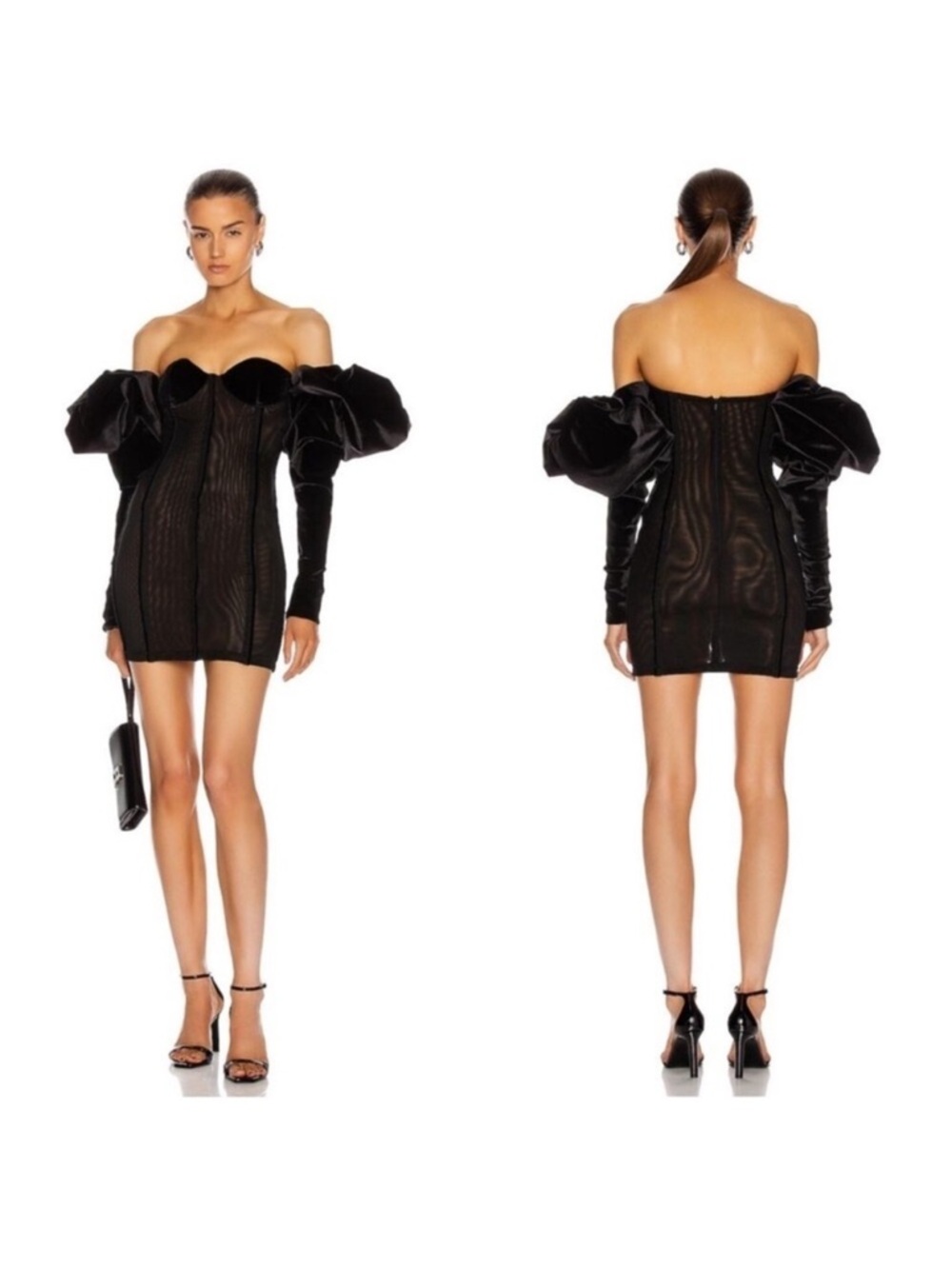 LaQuan Smith Black Velvet Mesh Off-The-Shoulder Puff Sleeve Mini Dress S